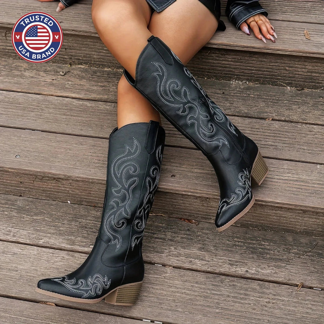 Women's faux leather side zip knee high winter boots with block heel