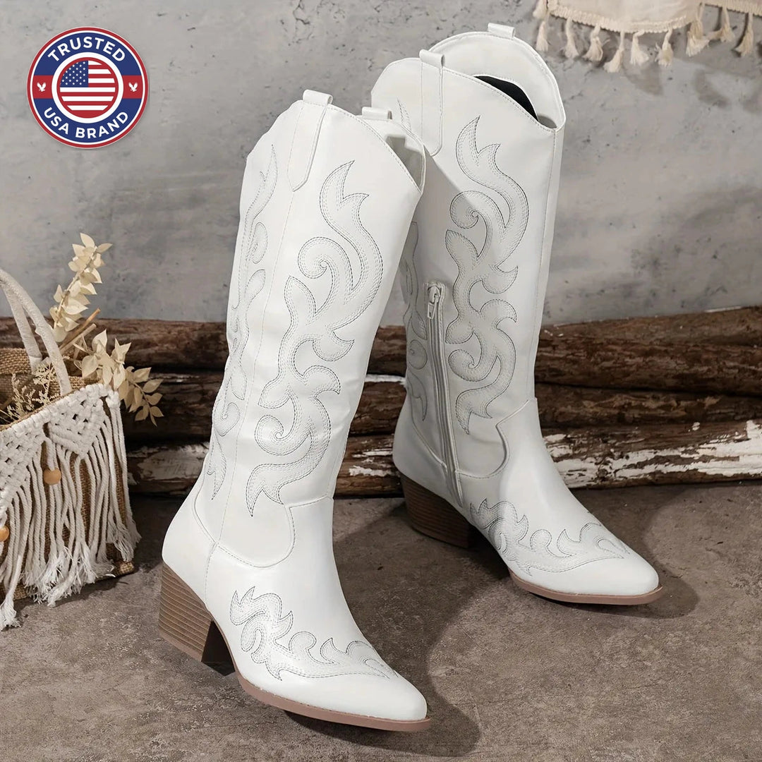 Women's faux leather side zip knee high winter boots with block heel
