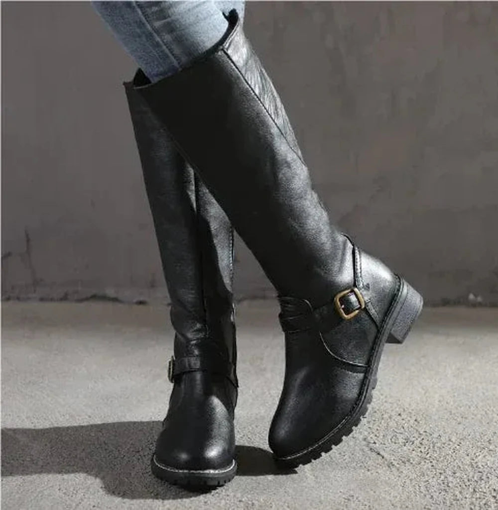 Women's faux leather side zip knee high winter boots with buckle strap and block heel