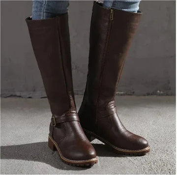 Women's faux leather side zip knee high winter boots with buckle strap and block heel
