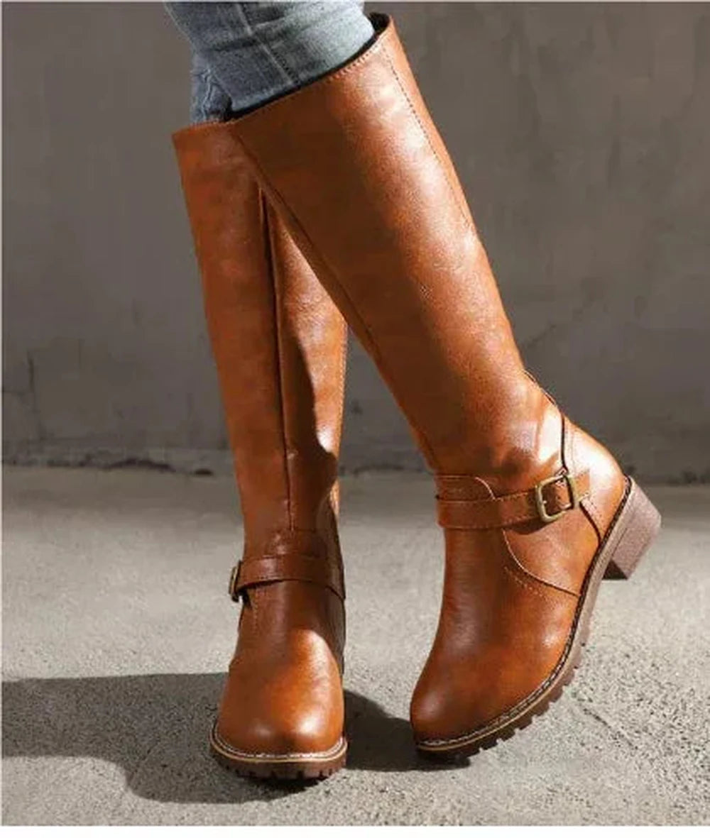 Women's faux leather side zip knee high winter boots with buckle strap and block heel