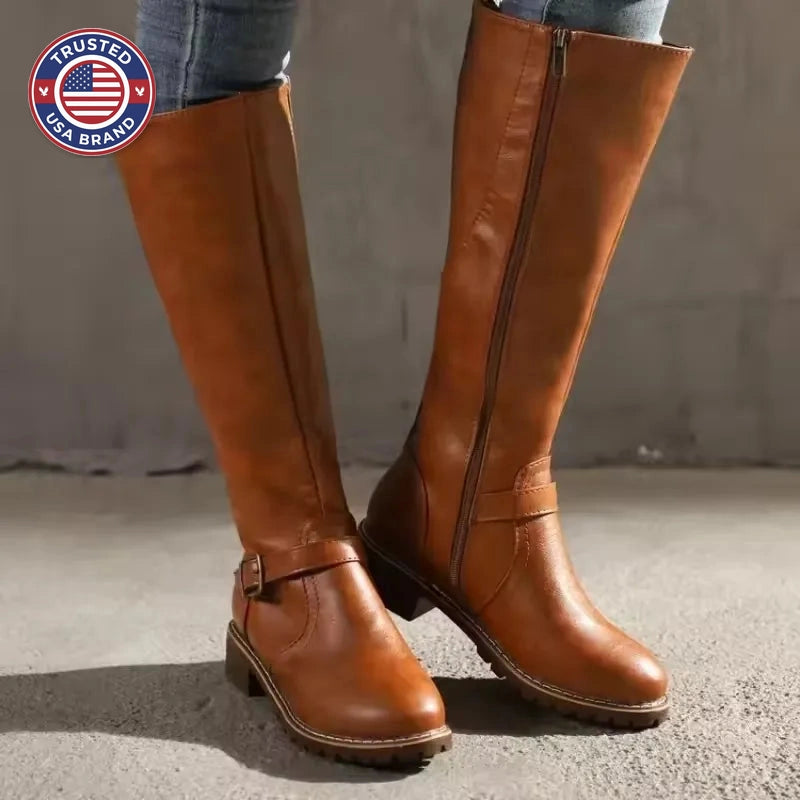 Women's faux leather side zip knee high winter boots with buckle strap and block heel
