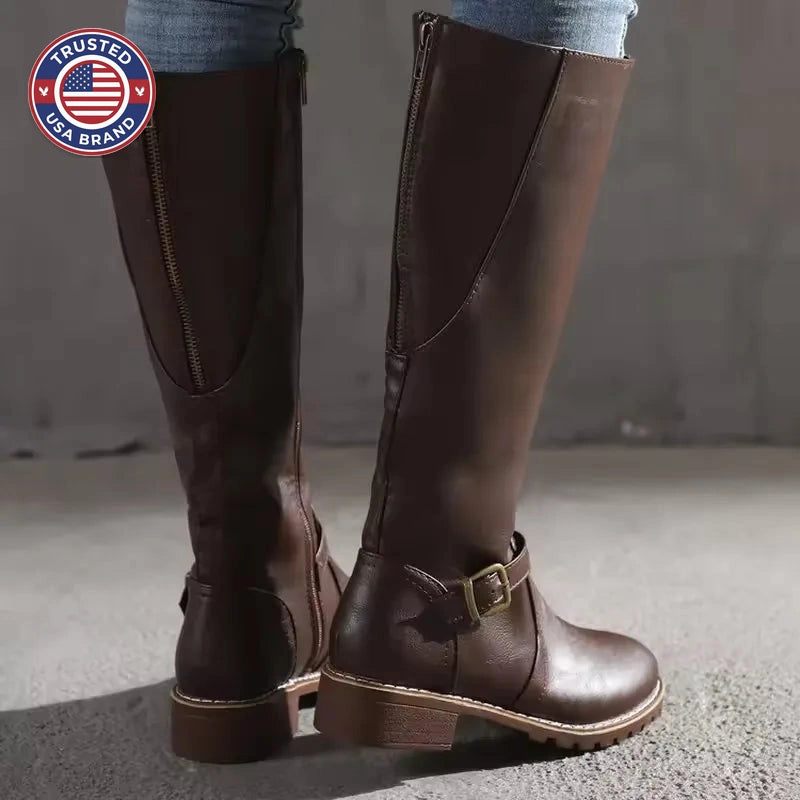 Women's faux leather side zip knee high winter boots with buckle strap and block heel