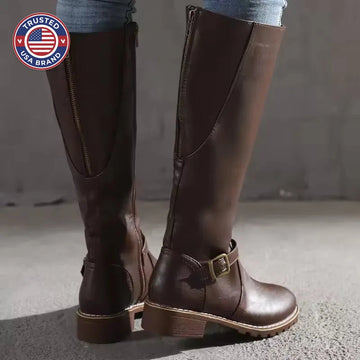 Women's faux leather side zip knee high winter boots with buckle strap and block heel