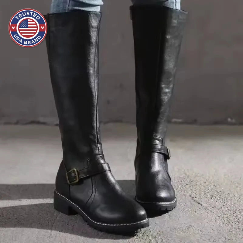 Women's faux leather side zip knee high winter boots with buckle strap and block heel