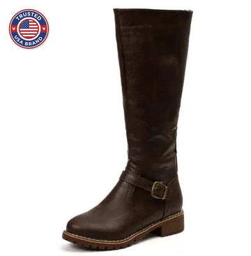 Women's faux leather side zip knee high winter boots with buckle strap and block heel