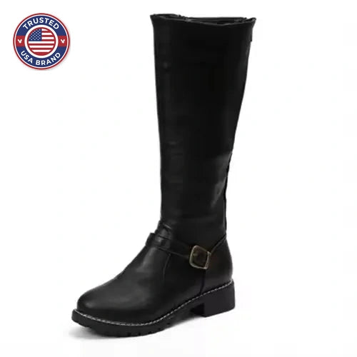Women's faux leather side zip knee high winter boots with buckle strap and block heel