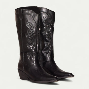 Women's faux leather side zip knee high winter boots with embroidered shaft