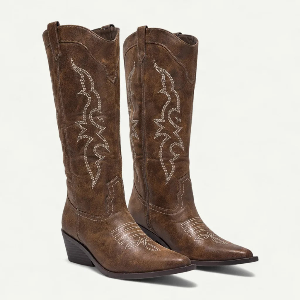 Women's faux leather side zip knee high winter boots with embroidered shaft