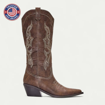 Women's faux leather side zip knee high winter boots with embroidered shaft