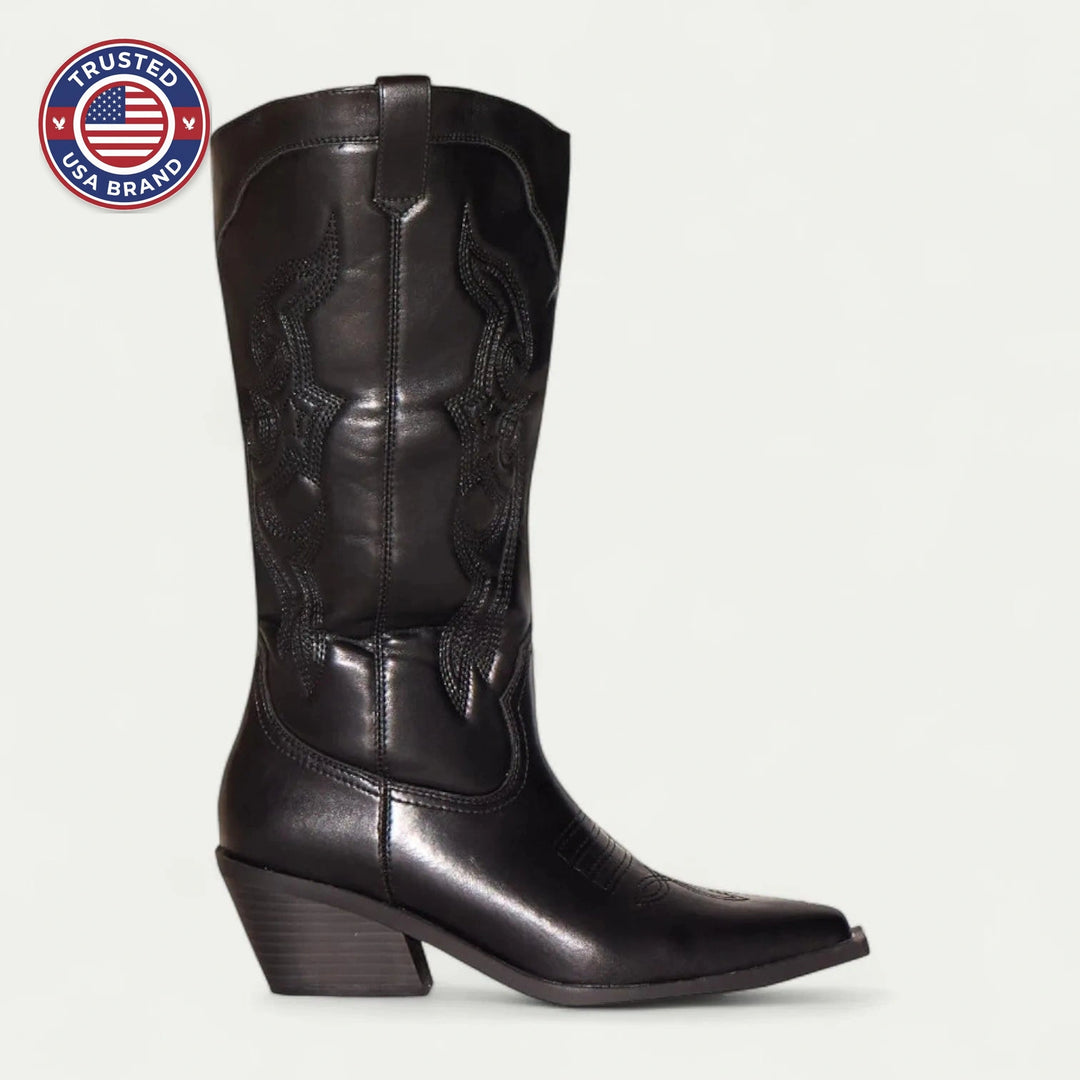Women's faux leather side zip knee high winter boots with embroidered shaft