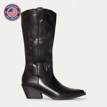 Women's faux leather side zip knee high winter boots with embroidered shaft