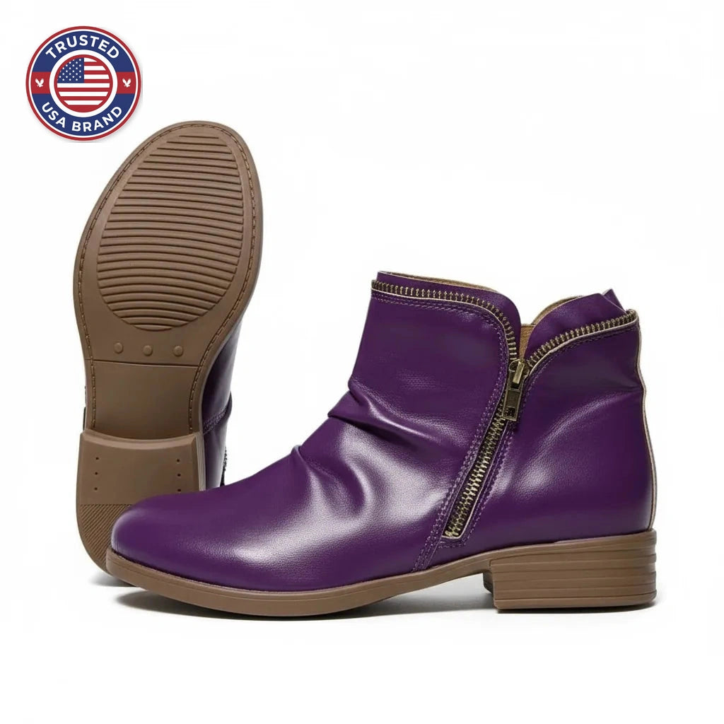 Women's faux leather side zip orthopedic ankle winter boots with ruched shaft