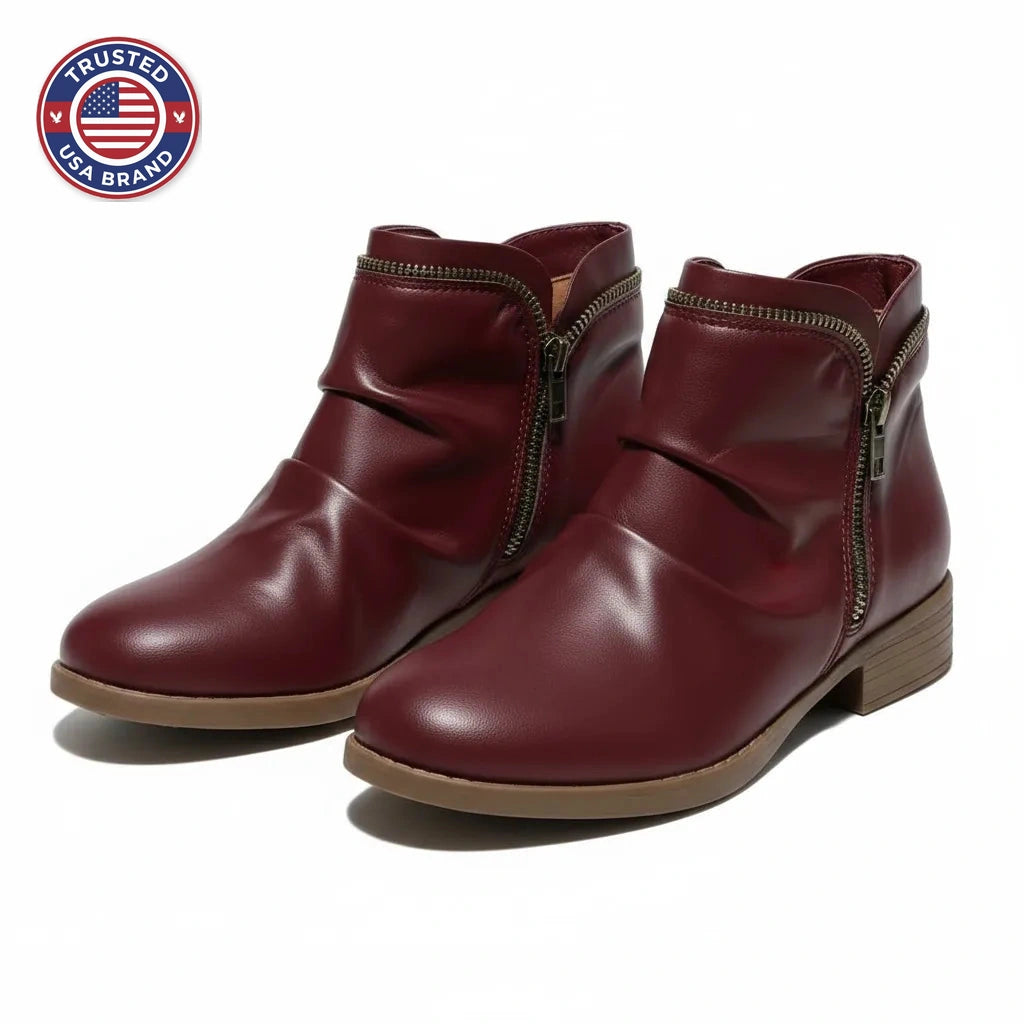 Women's faux leather side zip orthopedic ankle winter boots with ruched shaft