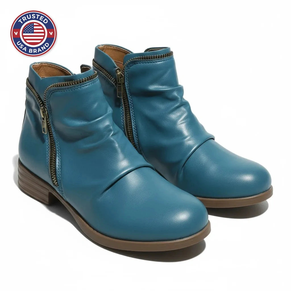 Women's faux leather side zip orthopedic ankle winter boots with ruched shaft