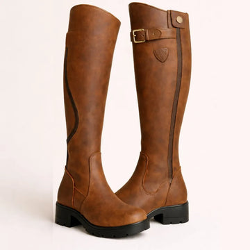 Women's faux leather side zip waterproof knee high winter boots with buckle strap