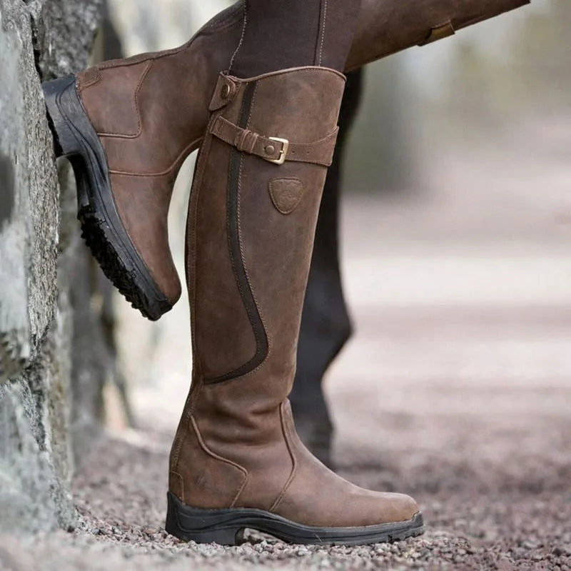 Women's faux leather side zip waterproof knee high winter boots with buckle strap