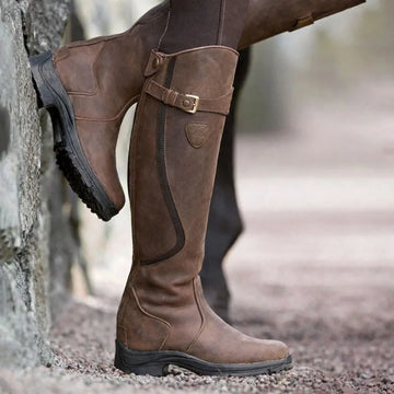 Women's faux leather side zip waterproof knee high winter boots with buckle strap