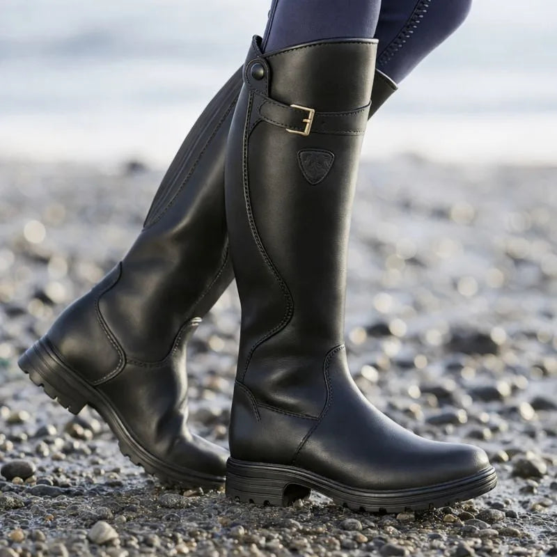 Women's faux leather side zip waterproof knee high winter boots with buckle strap