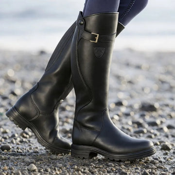Women's faux leather side zip waterproof knee high winter boots with buckle strap