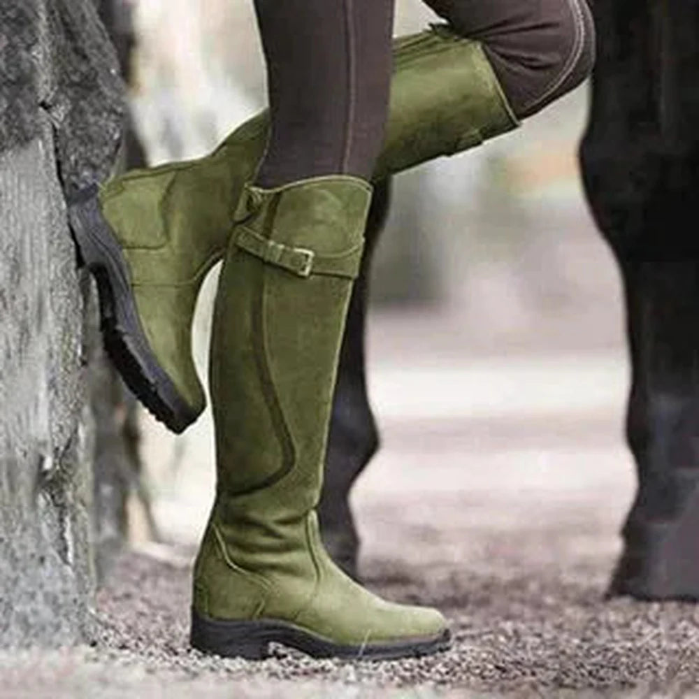 Women's faux leather side zip waterproof knee high winter boots with buckle strap