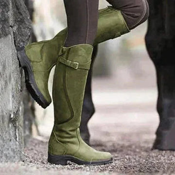 Women's faux leather side zip waterproof knee high winter boots with buckle strap
