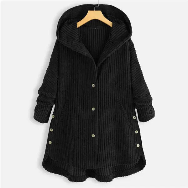 Women's fleece button-front hooded winter cardigan with high-low hem