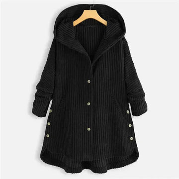 Women's fleece button-front hooded winter cardigan with high-low hem