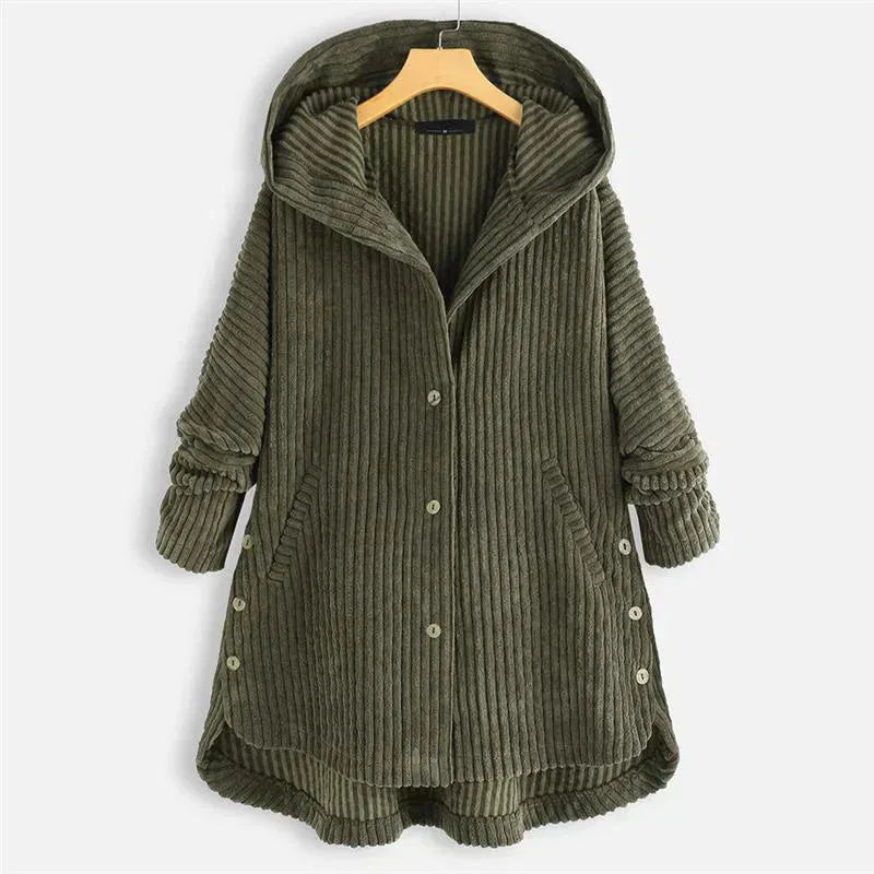 Women's fleece button-front hooded winter cardigan with high-low hem