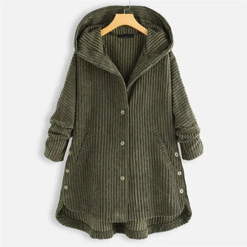 Women's fleece button-front hooded winter cardigan with high-low hem