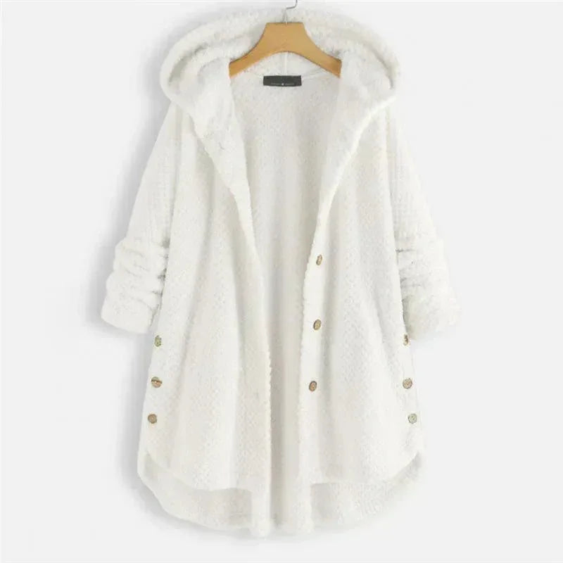Women's fleece button-front hooded winter cardigan with high-low hem