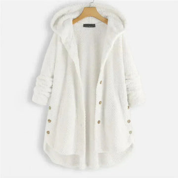 Women's fleece button-front hooded winter cardigan with high-low hem
