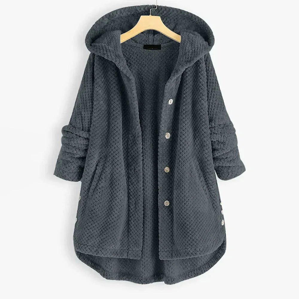 Women's fleece button-front hooded winter cardigan with high-low hem