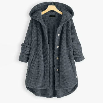 Women's fleece button-front hooded winter cardigan with high-low hem