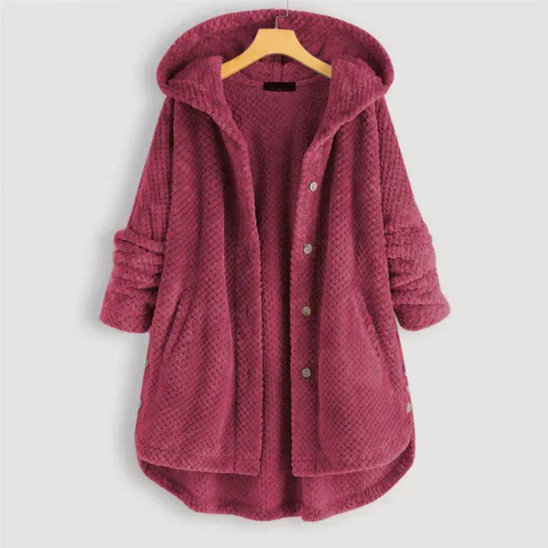 Women's fleece button-front hooded winter cardigan with high-low hem