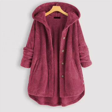 Women's fleece button-front hooded winter cardigan with high-low hem
