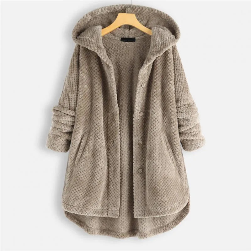 Women's fleece button-front hooded winter cardigan with high-low hem