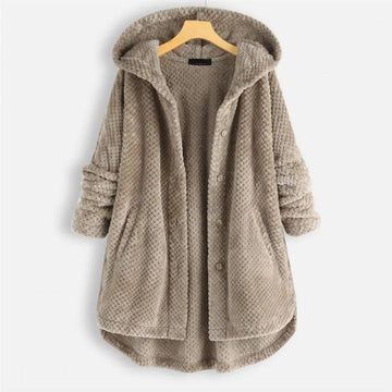 Women's fleece button-front hooded winter cardigan with high-low hem