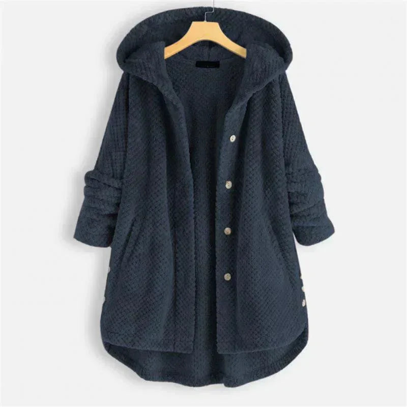 Women's fleece button-front hooded winter cardigan with high-low hem