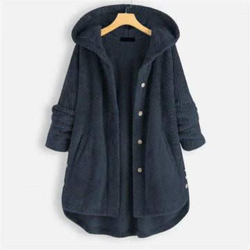 Women's fleece button-front hooded winter cardigan with high-low hem