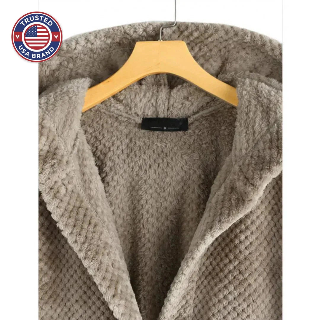 Women's fleece button-front hooded winter cardigan with high-low hem