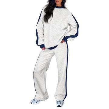 Women's fleece crew neck winter two piece set with contrast side stripes