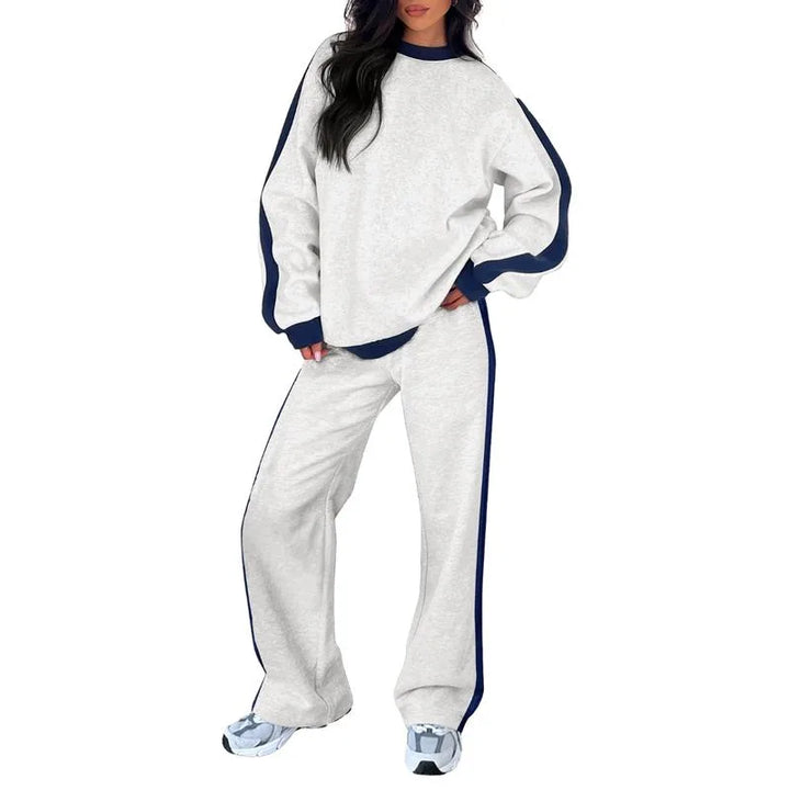 Women's fleece crew neck winter two piece set with contrast side stripes