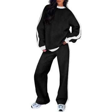 Women's fleece crew neck winter two piece set with contrast side stripes