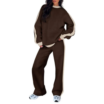 Women's fleece crew neck winter two piece set with contrast side stripes