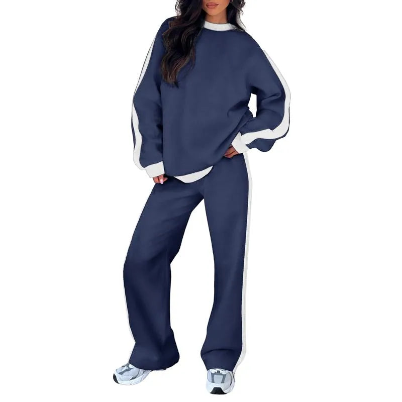 Women's fleece crew neck winter two piece set with contrast side stripes