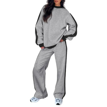 Women's fleece crew neck winter two piece set with contrast side stripes
