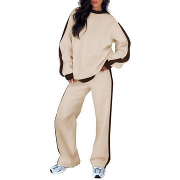 Women's fleece crew neck winter two piece set with contrast side stripes