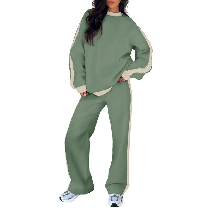 Women's fleece crew neck winter two piece set with contrast side stripes