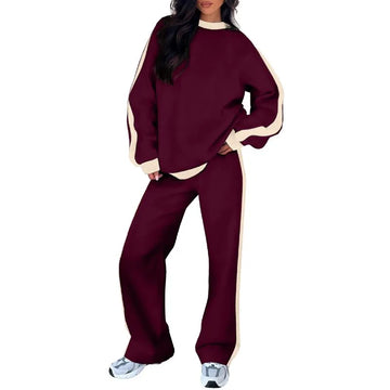Women's fleece crew neck winter two piece set with contrast side stripes